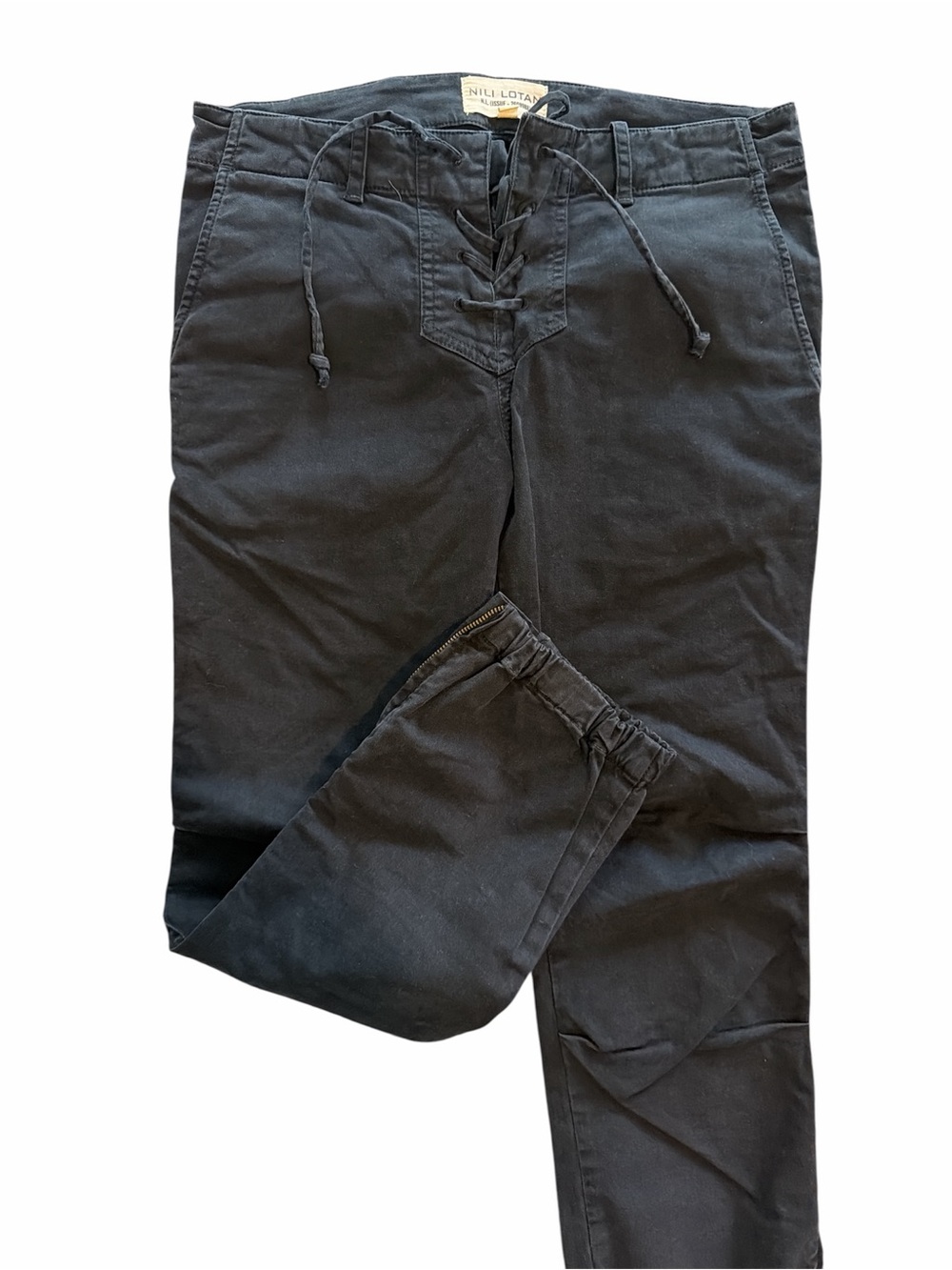 Nili Lotan women navy Lace-Up Cotton Chinos. Elastic bottom. 2
